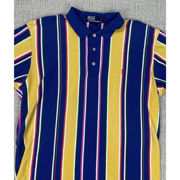 Polo Ralph Lauren Shirt Sz L Blue Yellow Striped Classic Polo Short Sleeve 90s - Picture 2 of 12